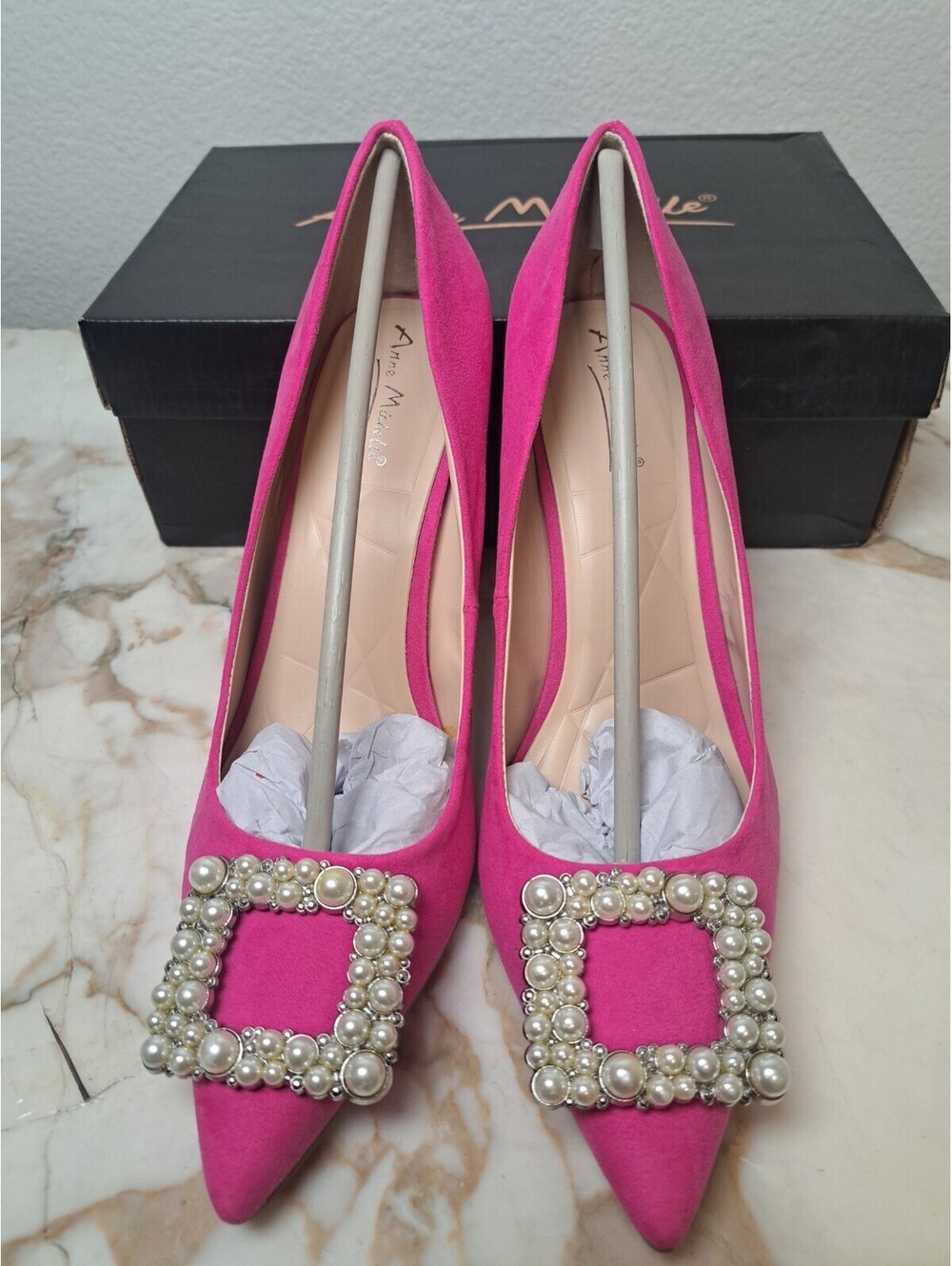 Anne Michelle Hot Pink Patent Stiletto High Heels Pumps Womens Size 9 Pearl Deco